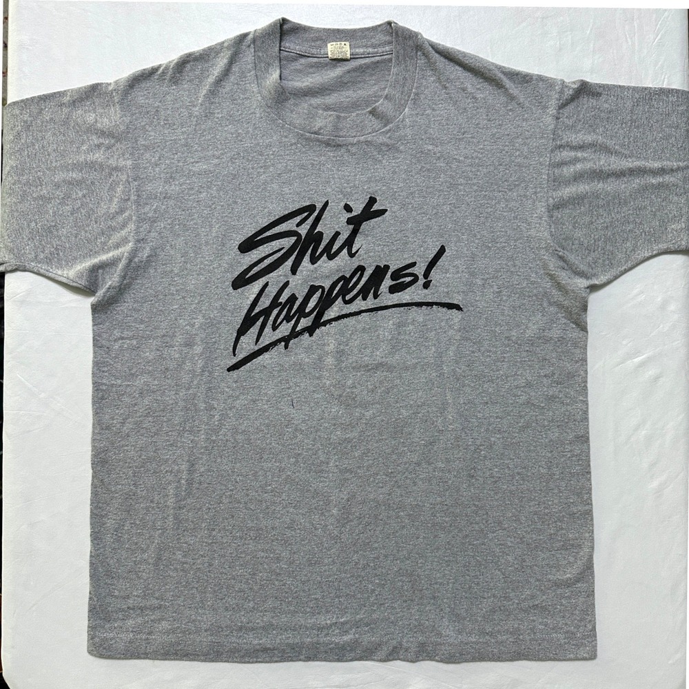 VTG 90s Single Stitch Shit Happens Graphic T-Shirt XL Screen Stars Tag Gray USA